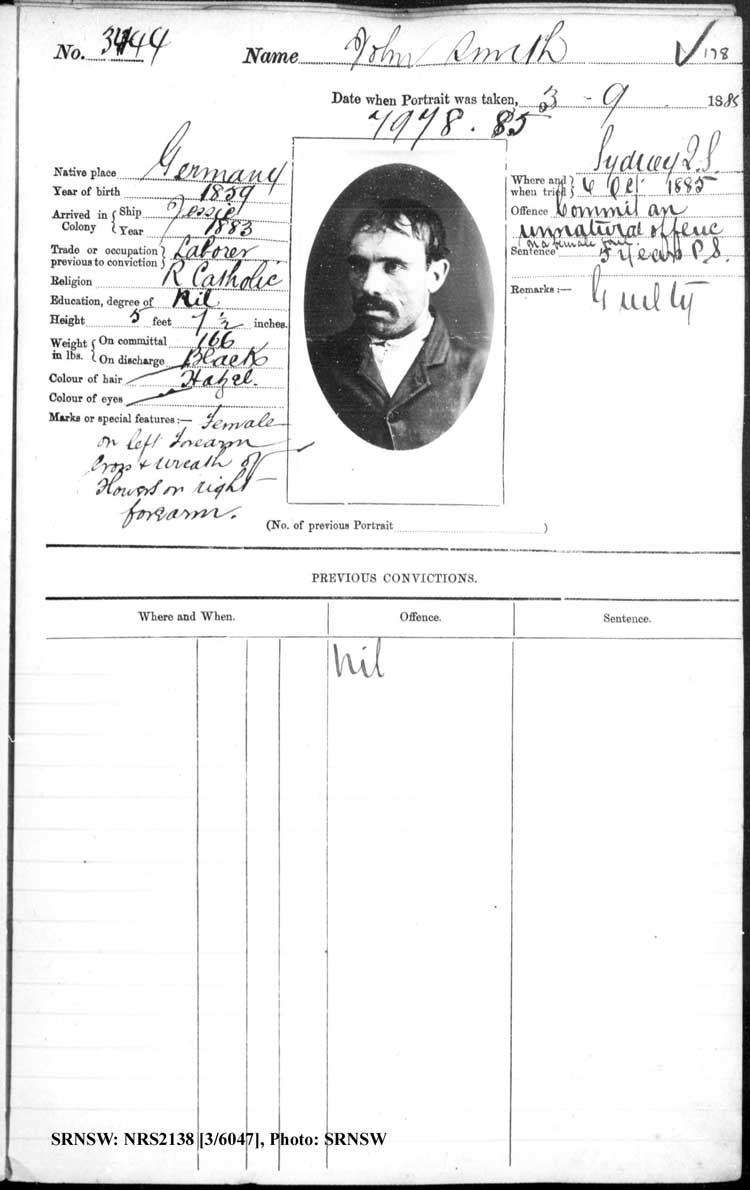 SRNSW: NRS2138, [3/6047], Darlinghurst Gaol photographic description book, 1885-1885, No. 3444, p. 178, R5101.