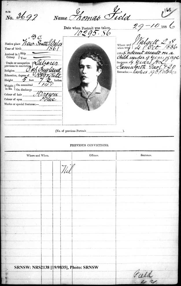 SRNSW: NRS2138, [19/9835], Darlinghurst Gaol photographic description book, 1886, No. 3697, p. 165, R5102.