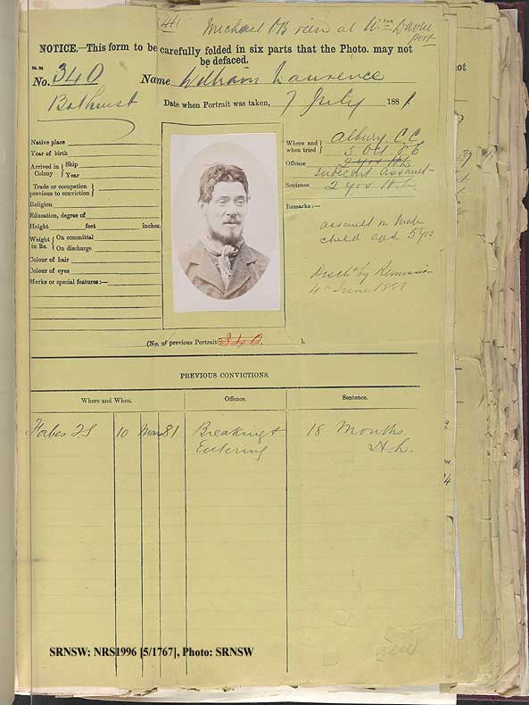 SRNSW: NRS1966, [5/1767], Albury Gaol photographic description book, 1879-1929, No. 340, p. 41, R5082.