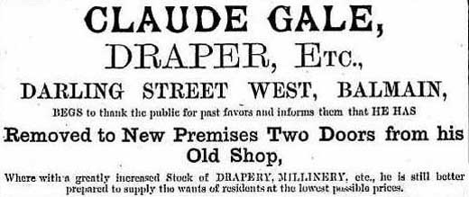 Gale’s advertisement. Image: Balmain Observer and Western Suburbs Advertiser, (NSW), Sat 8 Aug 1885, p. 4. Reproduction: Peter de Waal