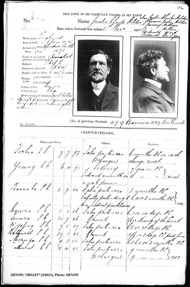 SRNSW: NRS2397, [3/6011], Parramatta gaol photographic description book, 29 Aug 1905-11 Nov 1909, No. 1025, p. 192.