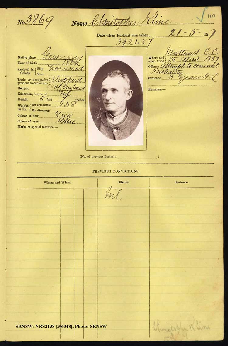 SRNSW: NRS2138, [3/6048] , Darlinghurst Gaol photographic description book, 1886-1887, No. 3869, p. 110, R5102.