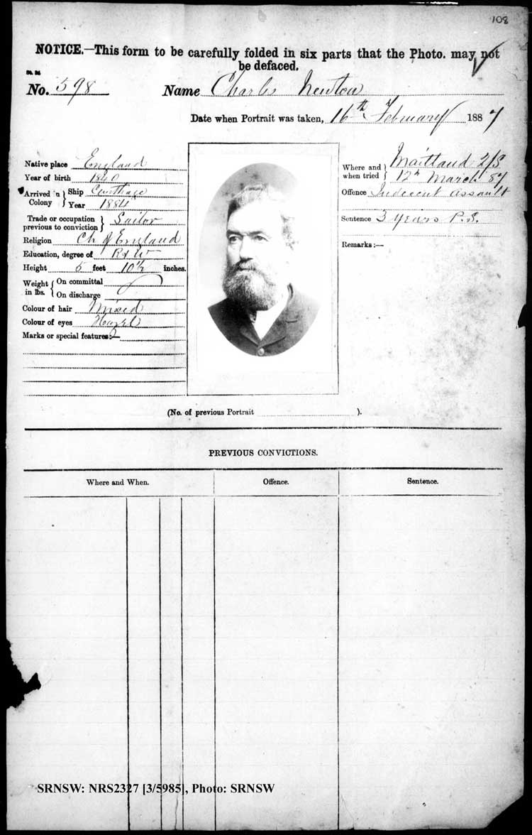 SRNSW: NRS2327, [3/5985], Maitland Gaol photographic description book, 1875-1922, No. 598, p. 108, R5129.