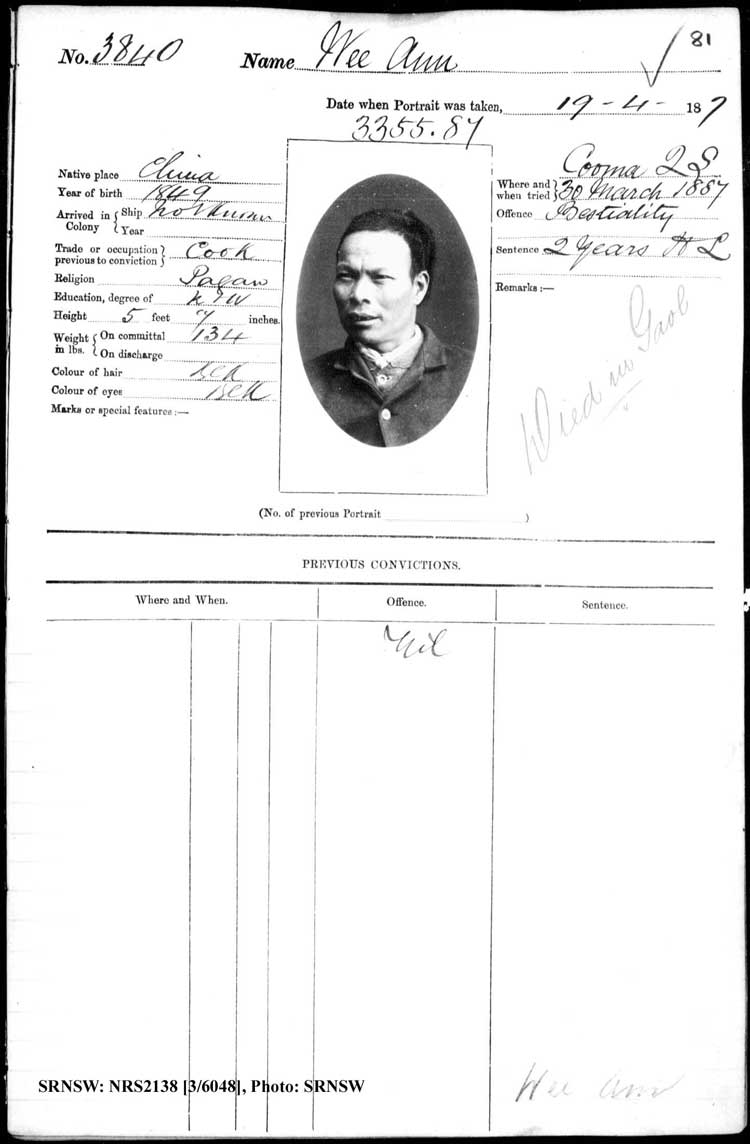 SRNSW: NRS2138, [3/6048], Darlinghurst Gaol photographic description book, 1886-1887 No. 3840, p. 81, R5102.