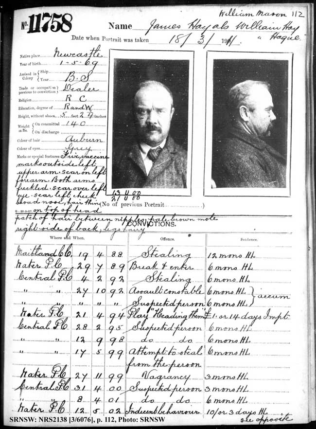 SRNSW: NRS2138, [3/6076], Darlinghurst Gaol photographic description book, 1910-1911, No. 11758, pp. 111-2, R5114. Emphasis added.