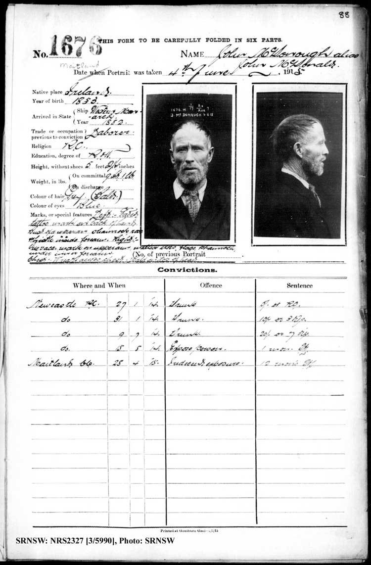 SRNSW: NRS2327, [3/5990], Maitland Gaol Photograph description sheets, 1875-1930, No. 1676, p. 88, R5131.