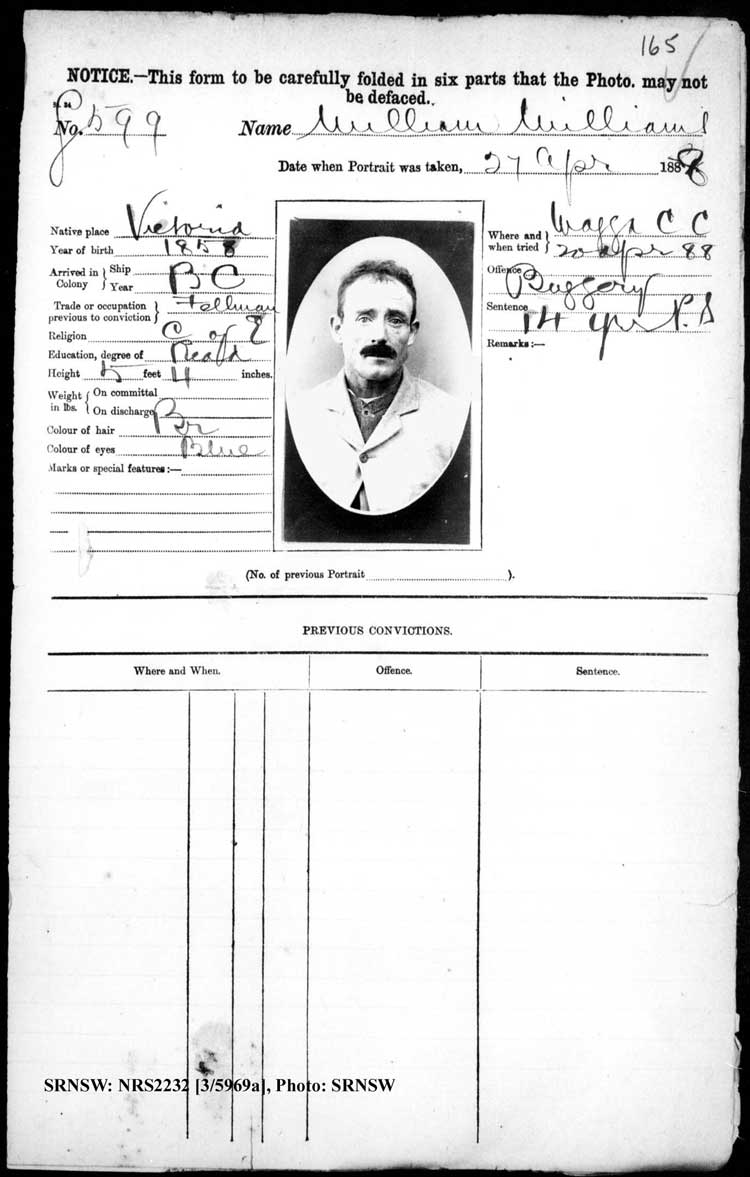 SRNSW: NRS2232, [3/5969a], Goulburn Gaol photographic description book, Dec 1884-May 1890, No. 599, p. 165, R5119.