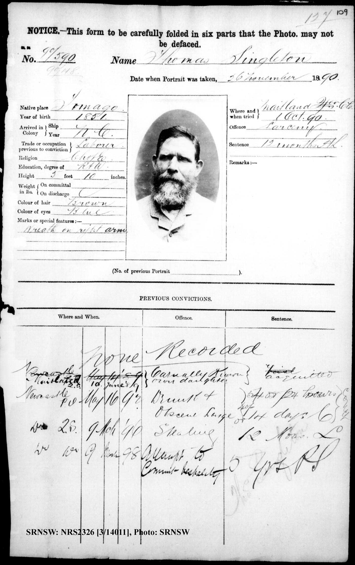 SRNSW: NRS2326, [3/14011], Maitland Gaol photographic description book, 1873-1922, No. 90/590, p. 109, R5128.