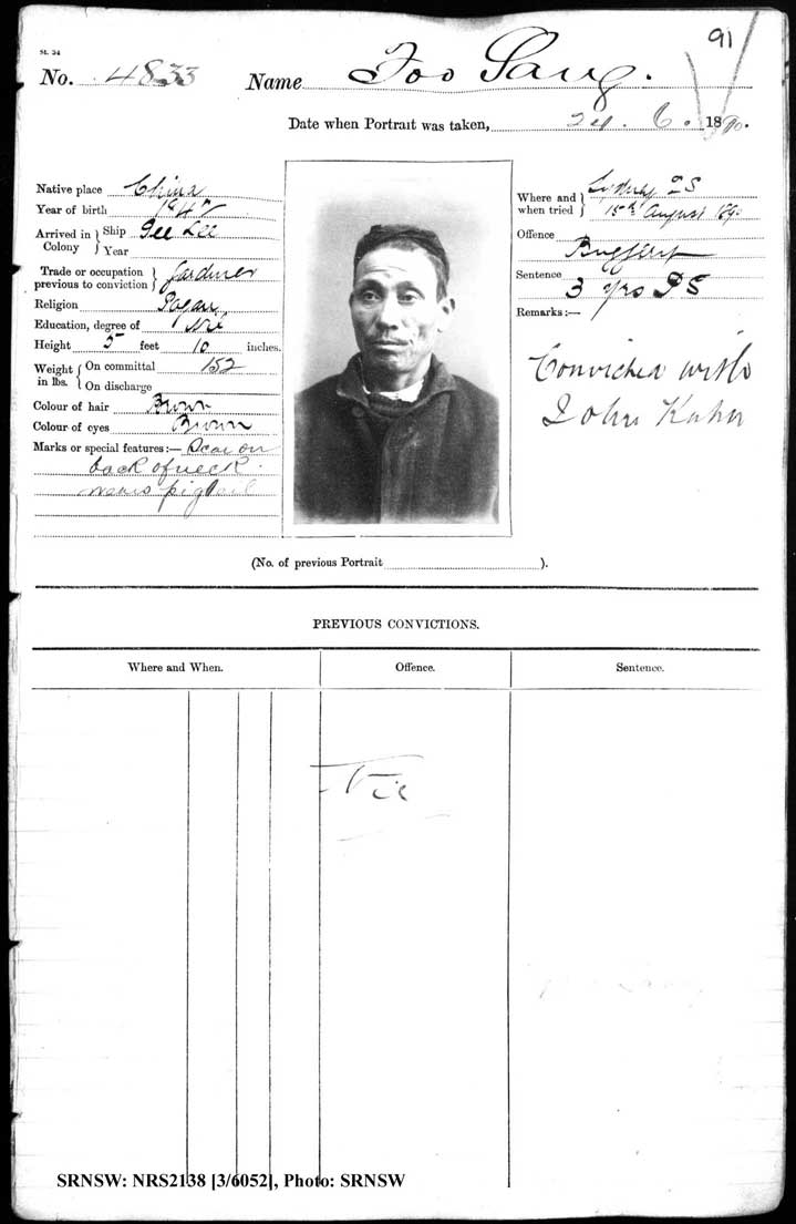 SRNSW: NRS2138, [3/6052], Darlinghurst Gaol photographic description book, 1890, No. 4833, p. 91, R5103.