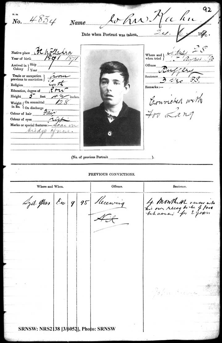SRNSW: NRS2138, [3/6052], Darlinghurst Gaol photographic description book, 1890, No. 4834, p. 92, R5103.