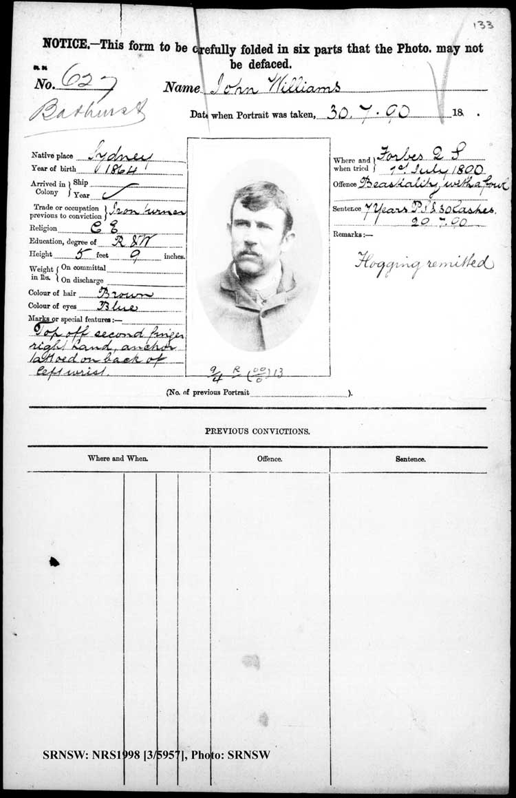 SRNSW: NRS1998, [3/5957], Bathurst Gaol photographic description book, 1874-1930, No. 627, p. 133, R5084.