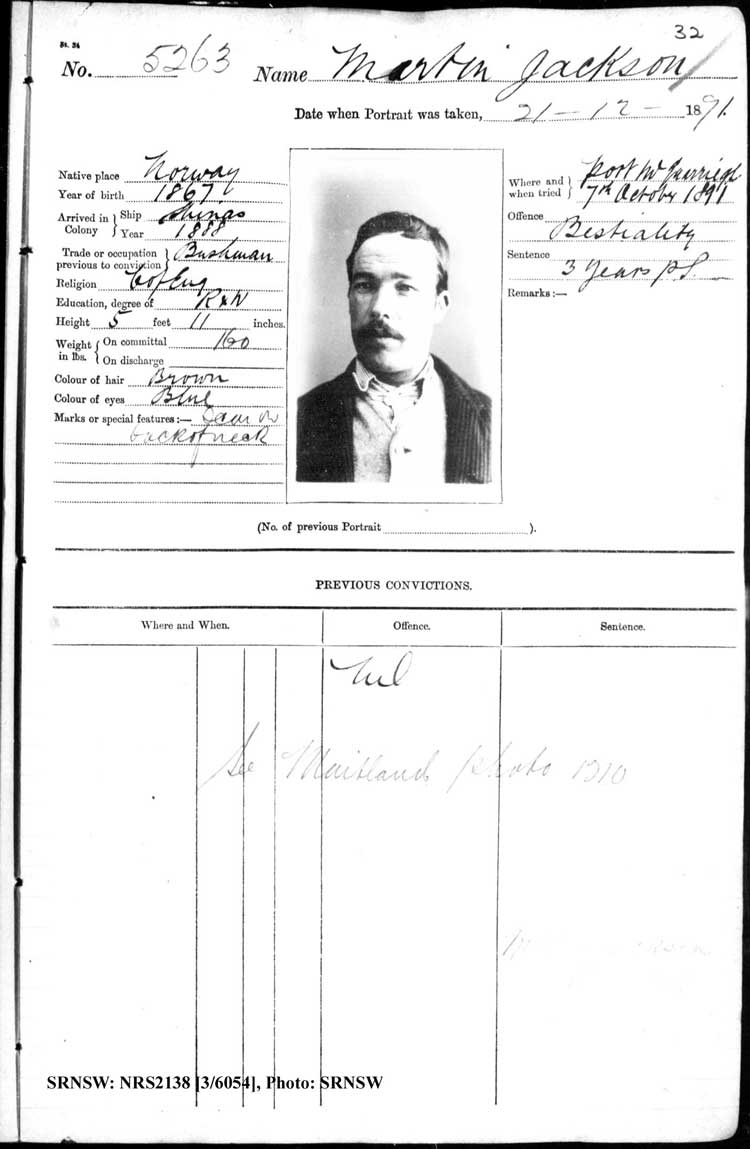 SRNSW: NRS2138, [3/6054], Darlinghurst Gaol photographic description book, 1891-1892, No. 5263, p. 32, R5104.