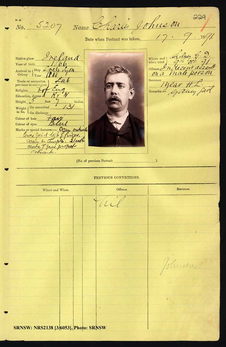 SRNSW: NRS2138, [3/6053], Darlinghurst Gaol photographic description book, 1891, No. 5207, p. 229, R5104.
