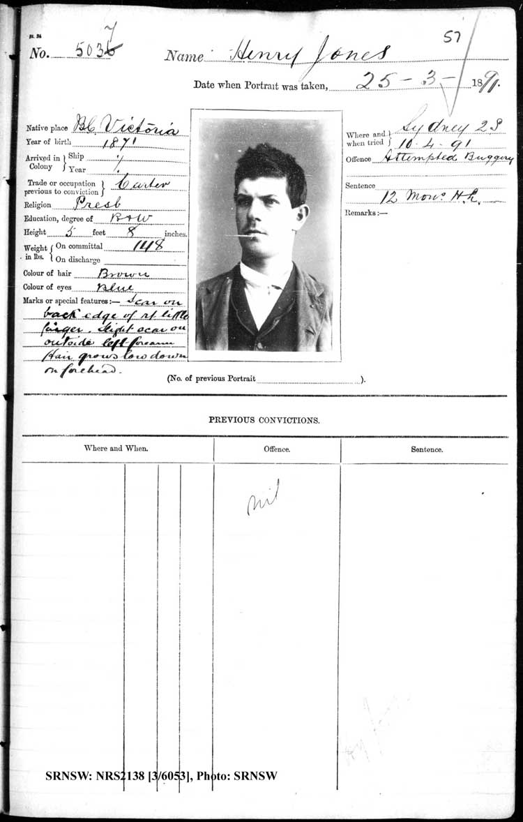 SRNSW: NRS2138, [3/6053], Darlinghurst Gaol photographic description book, 1891, No. 5037, p. 57, R5104.