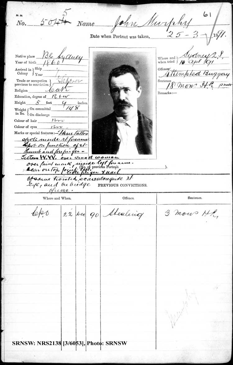 SRNSW: NRS2138, [3/6053], Darlinghurst Gaol photographic description book, 1891, No. 5045, p. 61, R5104.