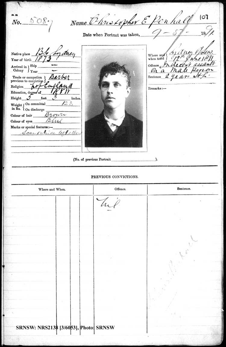 SRNSW: NRS2138, [3/6053], Darlinghurst Gaol photographic description book, 1891, No. 5087, p. 107, R5104.
