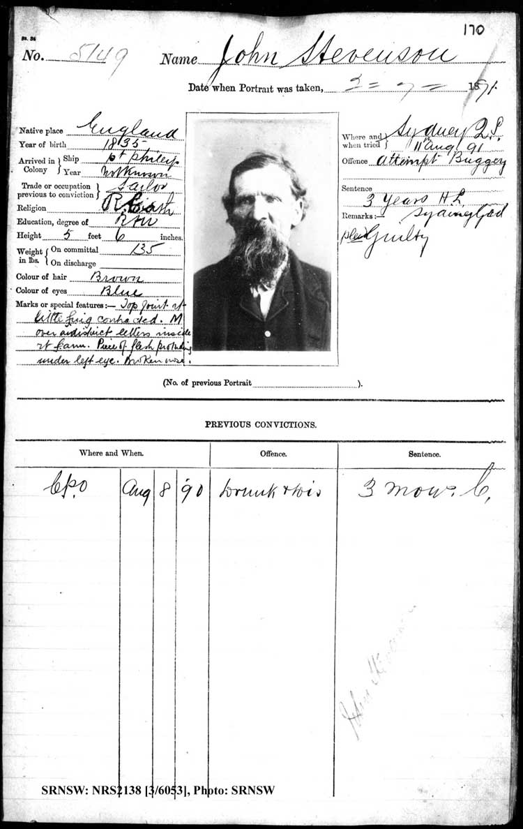 RNSW: NRS2138, [3/6053], Darlinghurst Gaol photographic description book, 1891, No. 5149, p. 170, R5104.
