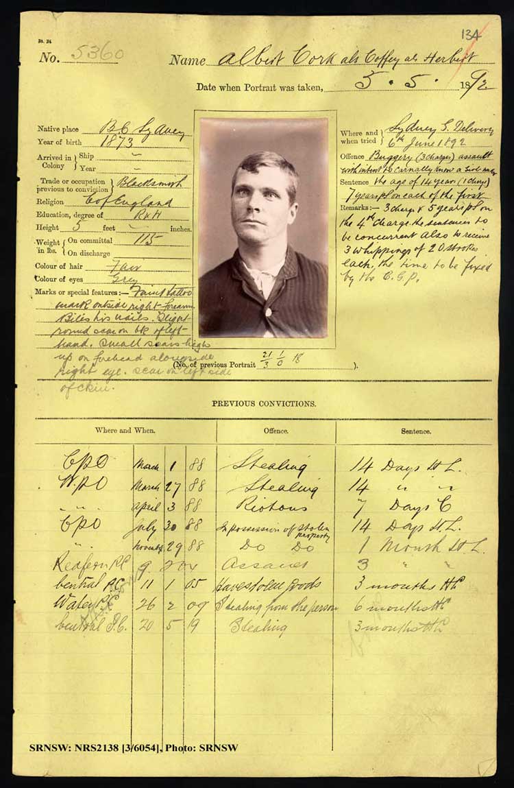 SRNSW: NRS2138, [3/6054], Darlinghurst Gaol photographic description book, 1891-1892, No. 5360, p. 134, R5104.