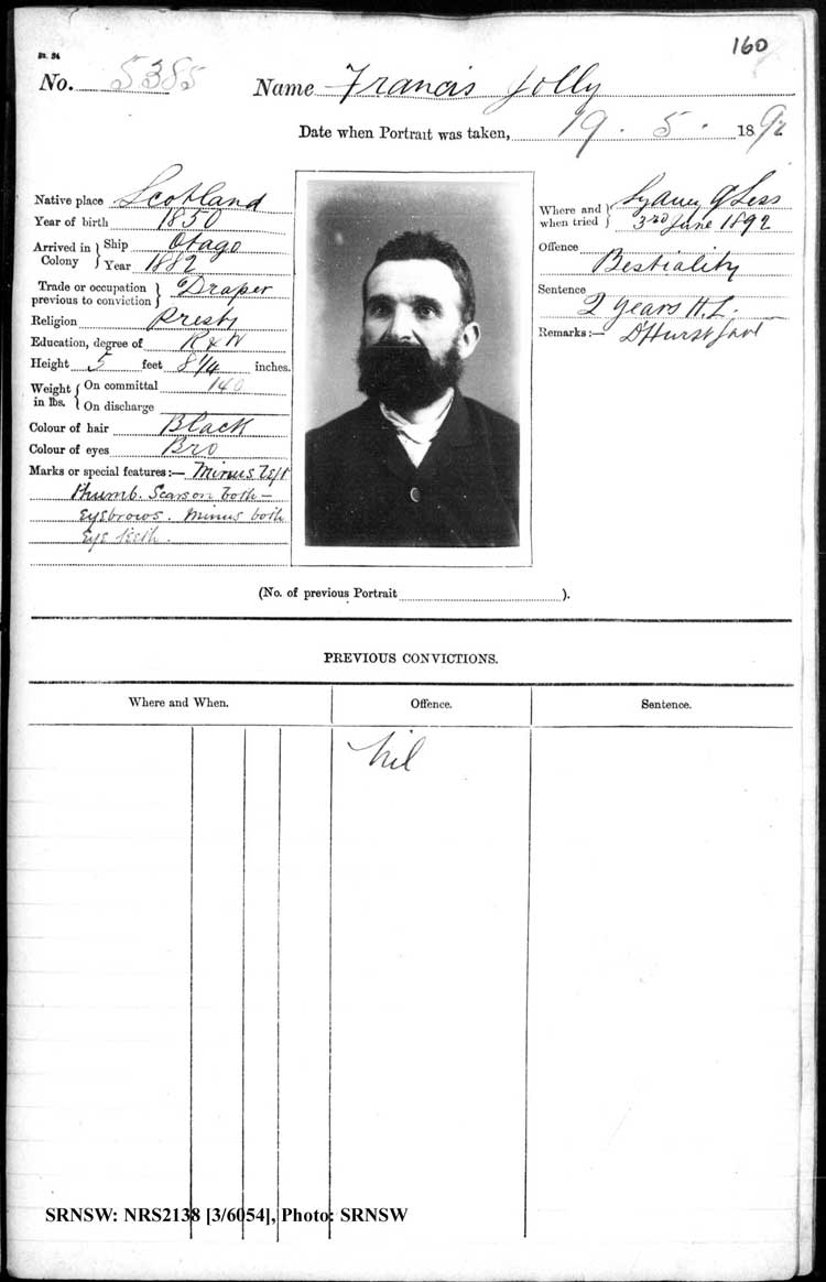 SRNSW: NRS2138, [3/6054], Darlinghurst Gaol photographic description book, 1891-1892, No. 5385, p. 160, R5104.