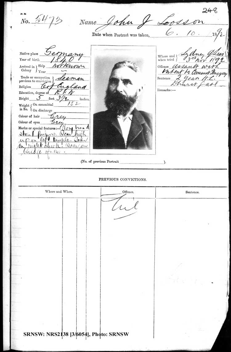SRNSW: NRS2138, [3/6054], Darlinghurst Gaol photographic description book, 1891-1892, No.5473, p. 248, R5104.