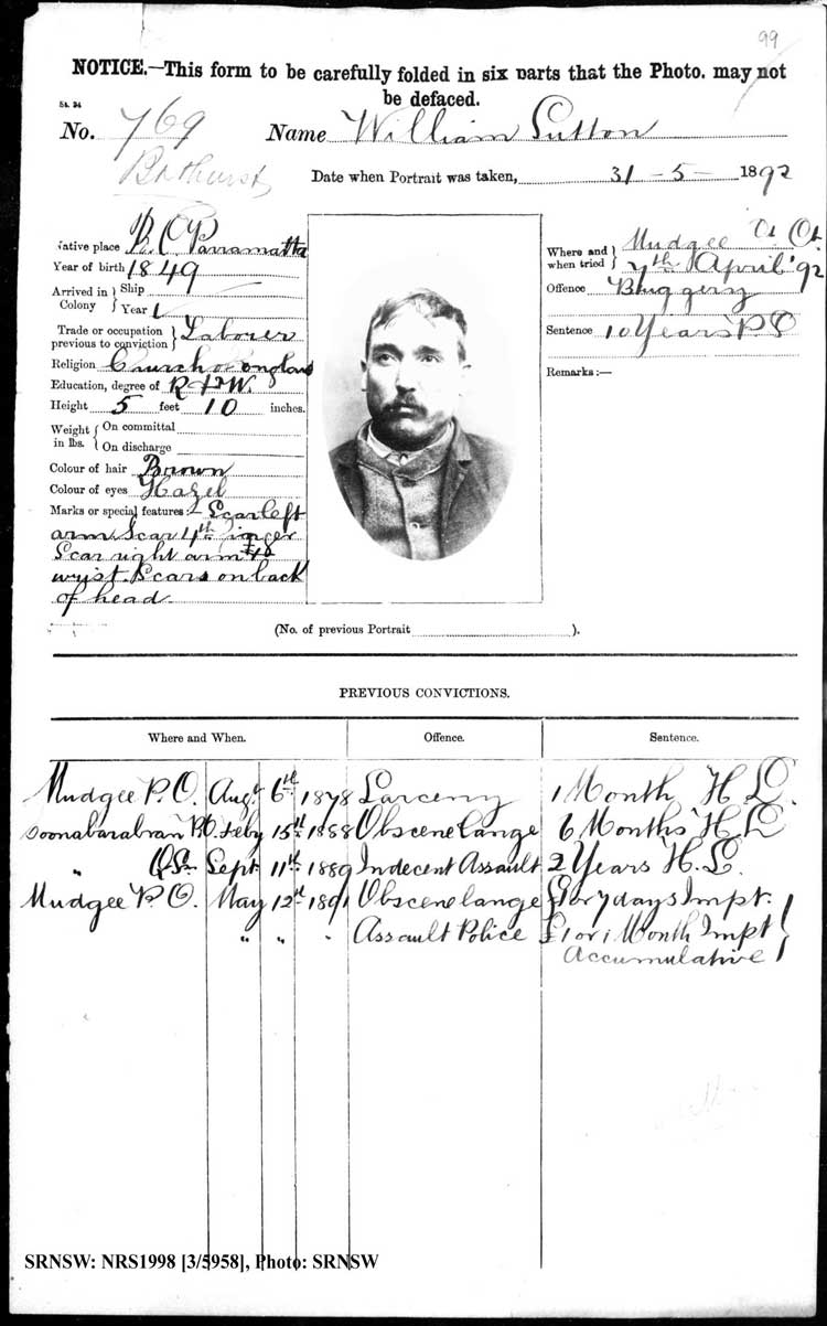 SRNSW: NRS1998, [3/5958], Bathurst Gaol photographic description book, 1874-1930, No. 769, p. 99, R5085.