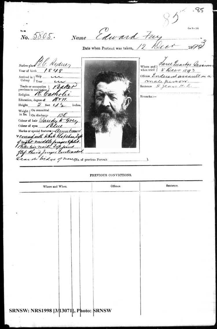SRNSW: NRS1998, [3/13071], Bathurst Gaol photographic description book, 1874-1930, No. 5805, p. 85, R5089.