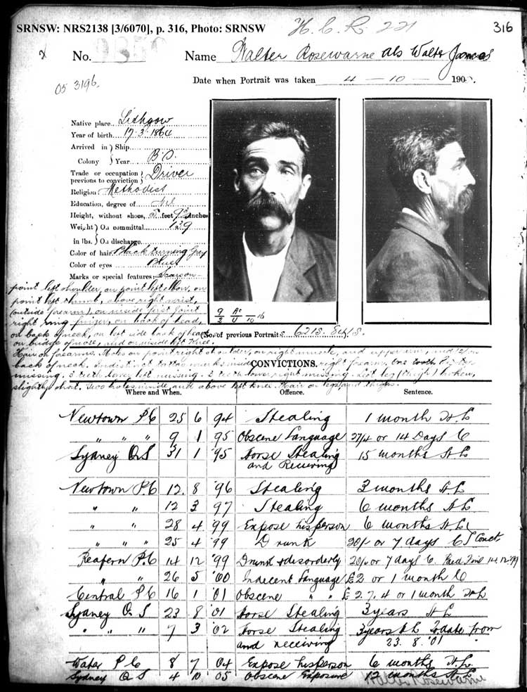 SRNSW: NRS2138, [3/6070], Darlinghurst Gaol photographic description book, 1904-1905, No. 9850, pp. 316-7, R5111. Emphasis added.