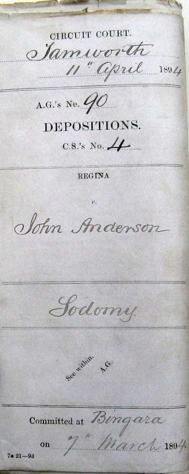NSW Supreme Court depositions’ cover – John Anderson, 1894. Photo: Peter de Waal NSW Supreme Court depositions’ cover – John Anderson, 1894. Photo: Peter de Waal