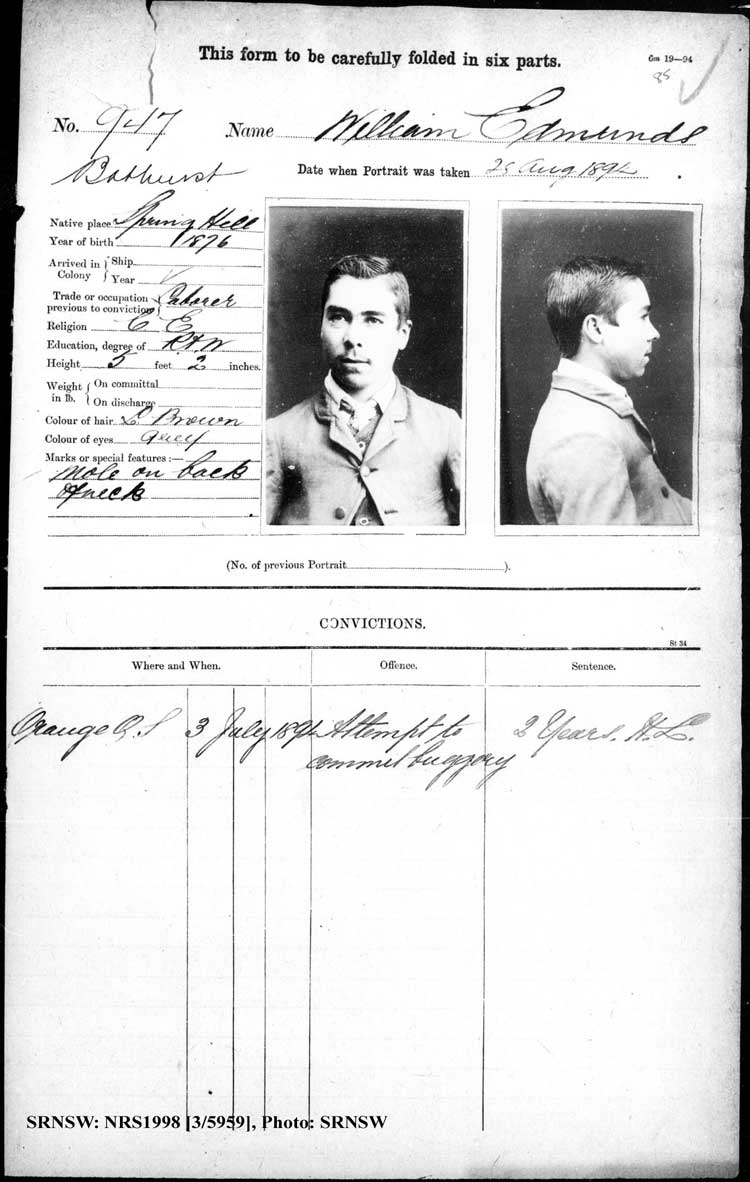SRNSW: NRS1998, [3/5959], Bathurst Gaol photographic description book, 1874-1930, No. 947, p. 85, R5085.