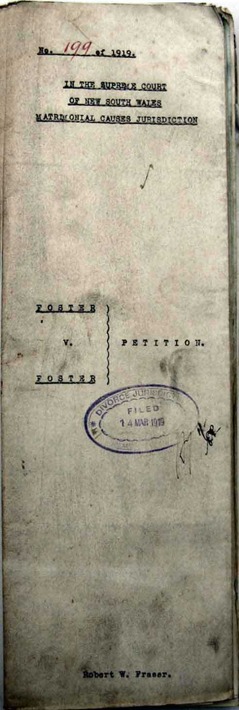 Foster divorce papers cover sheet, 1919. Photo: Peter de Waal Foster divorce papers cover sheet, 1919. Photo: Peter de Waal