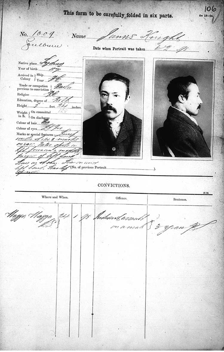 SRNSW: NRS2232, [3/5971], Goulburn Gaol photographic description book, 18 Jul 1893-9 Sep 1896, No. 1009, p. 106, R5119.