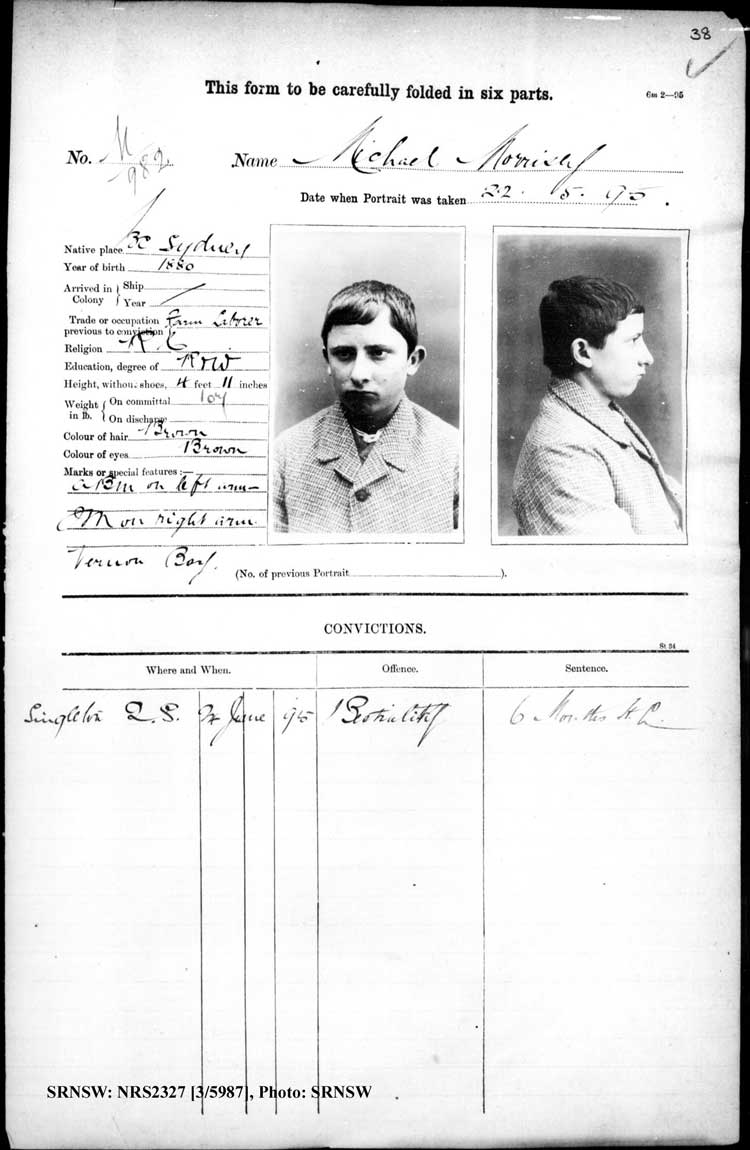 SRNSW: NRS2327, [3/5987], Maitland Gaol photographic description book, 1875-1930, No. 982, p. 38, R5130.