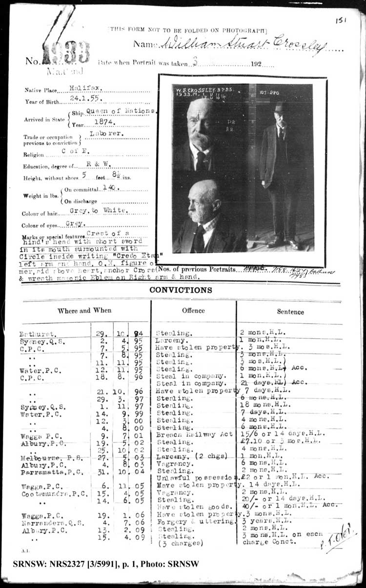 SRNSW: NRS2327, [3/5991], Maitland Gaol photographic description book, 1875-1930, No. 1933, p. 151, R5132. Emphasis added. p.1