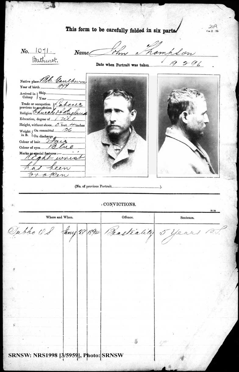 SRNSW: NRS1998, [3/5959], Bathurst Gaol photographic description book, 1874-1930, No.1071, p. 209, R5085.