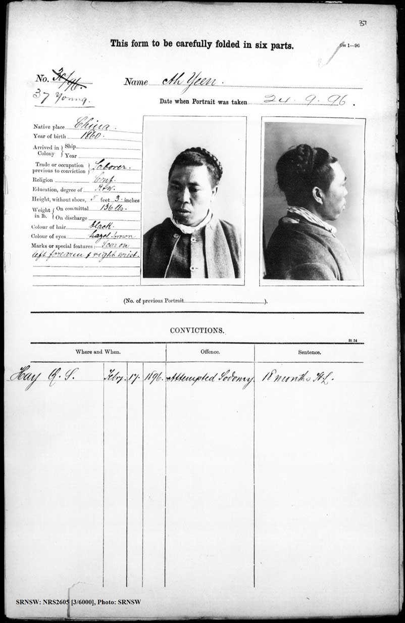 SRNSW: NRS2605, [3/6000], Young Gaol photographic description book, 1894-1920, No. 37, p. 37.