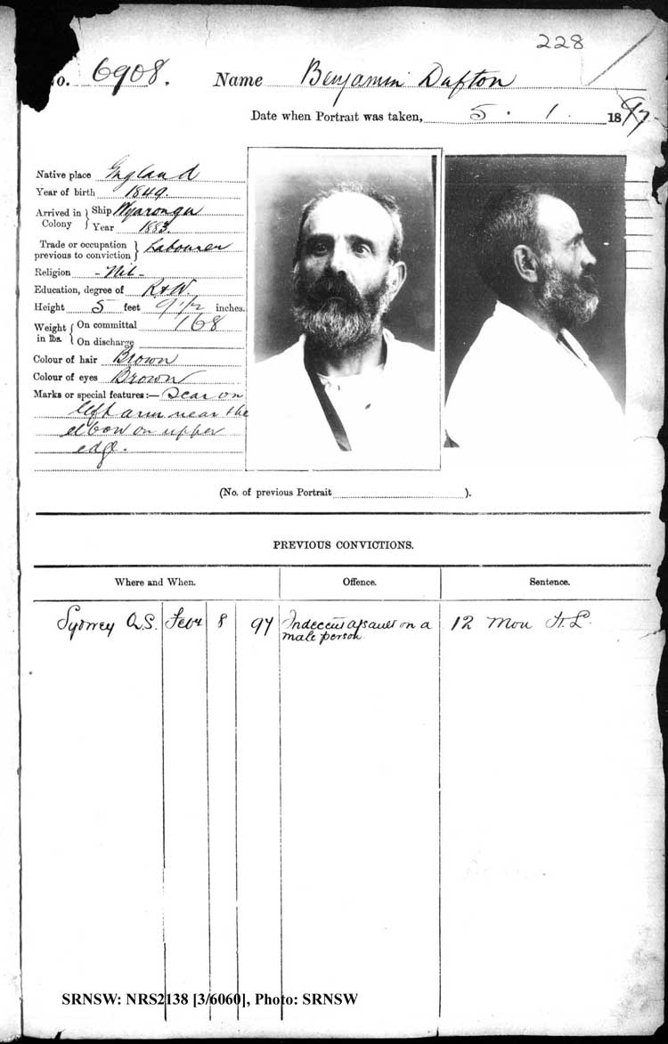 SRNSW: NRS2138, [3/6060], Darlinghurst Gaol photographic description book, 1896-1897, No.6908, p. 228, R5106.