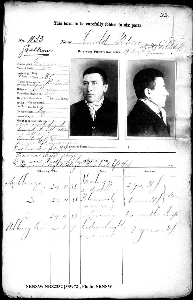 SRNSW: NRS2232, [3/5972], Goulburn Gaol photographic description book, 17 Dec 1896- 28 Jun 1899, No. 1133, p. 23, R5120.