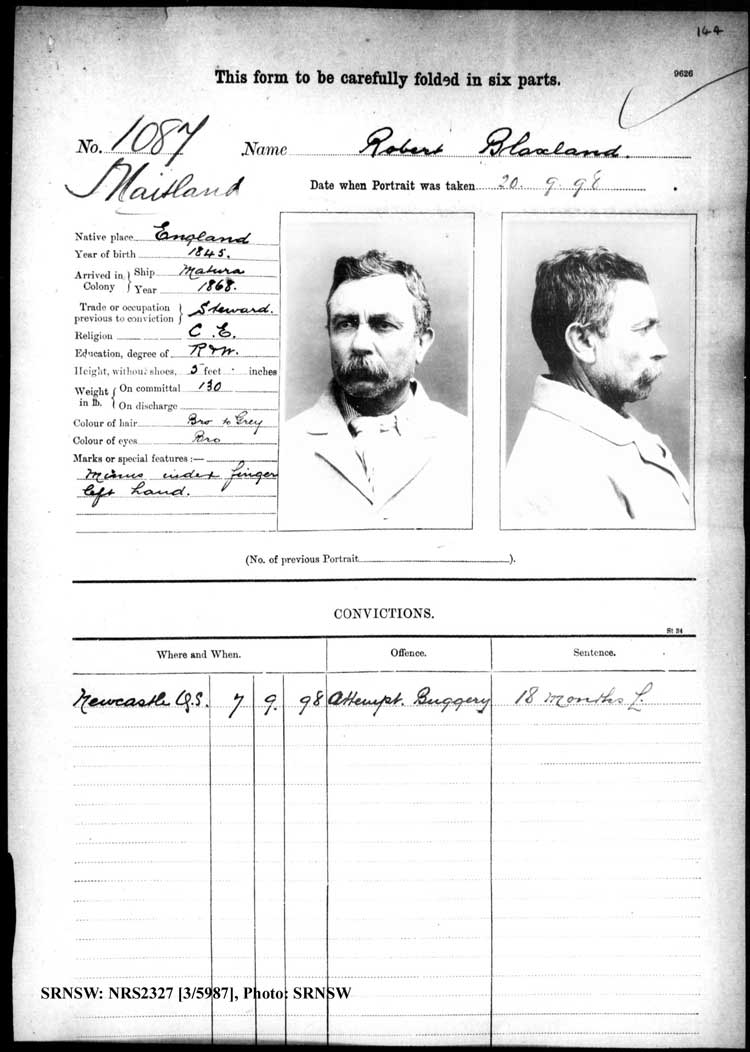 SRNSW: NRS2327, [3/5987], Maitland Gaol photographic description book, 1875-1930, No. 1087, p. 144, R5130.