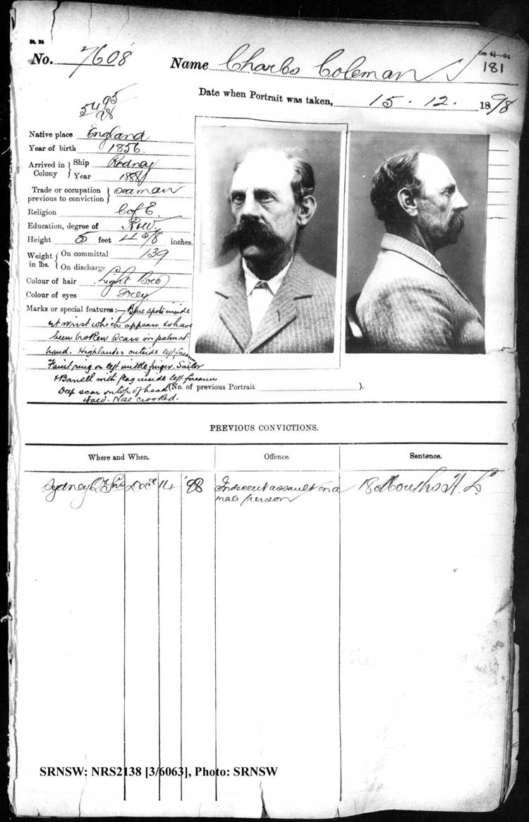 SRNSW: NRS2138, [3/6063], Darlinghurst Gaol photographic description book, 1898-1899, No. 7608, p. 181, R5107.