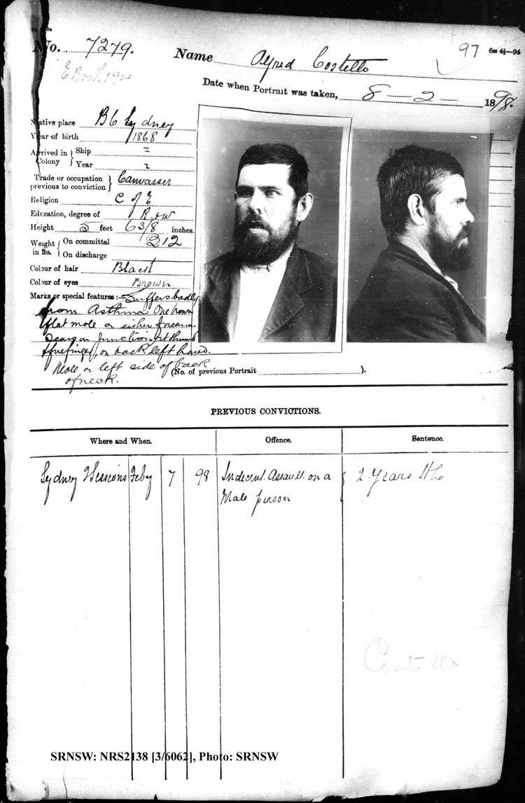 SRNSW: NRS2138, [3/6062], Darlinghurst Gaol photographic description book, 1897-1898, No. 7279, p. 97, R5107.