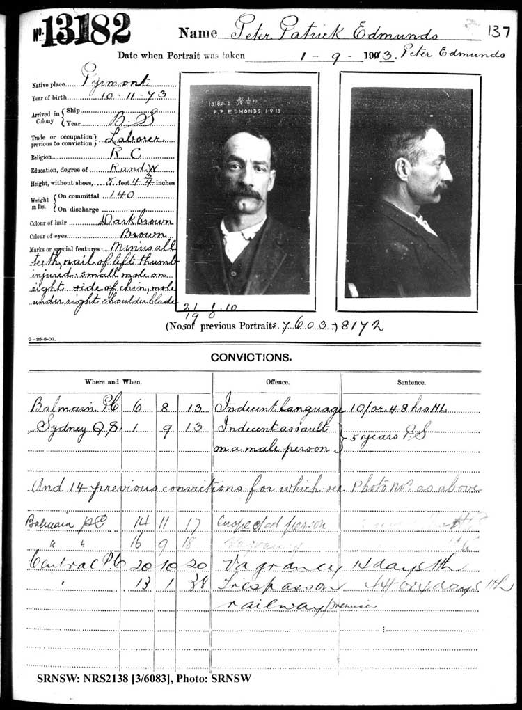 SRNSW: NRS2138, [3/6083], Darlinghurst Gaol photographic description book, 1913-1914, No. 13182, p. 137, R5117.