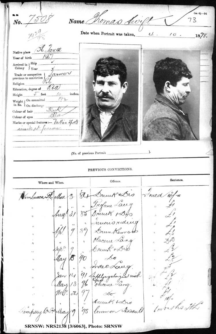 SRNSW: NRS2138, [3/6063], Darlinghurst Gaol photographic description book, 1898-1899, No. 7508, p. 73, R5107. Emphasis added.