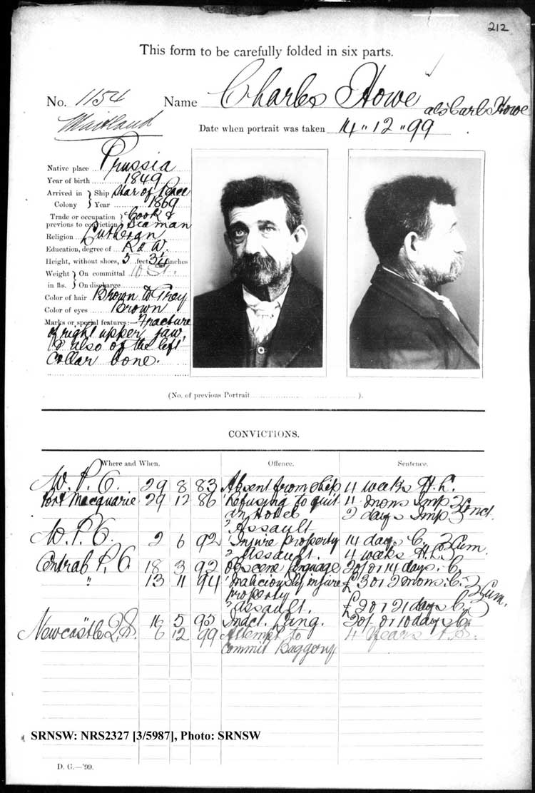 SRNSW: NRS2327, [3/5987], Maitland Gaol photographic description book, 1875-1930, No. 1154, p. 212, R5130. Emphasis added.