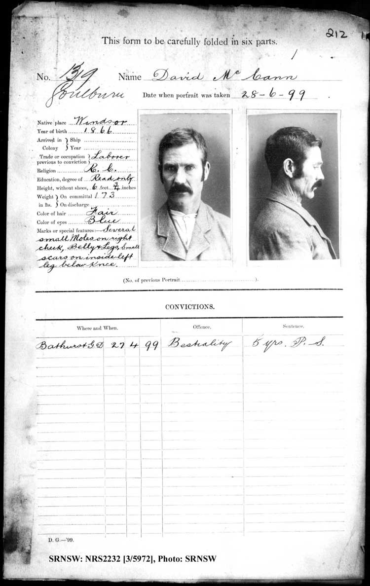 SRNSW: NRS2232, [3/5972], Goulburn Gaol photographic description book, 17 Dec 1896-28 Jun 1899, No. 1319 p. 212, R5120.
