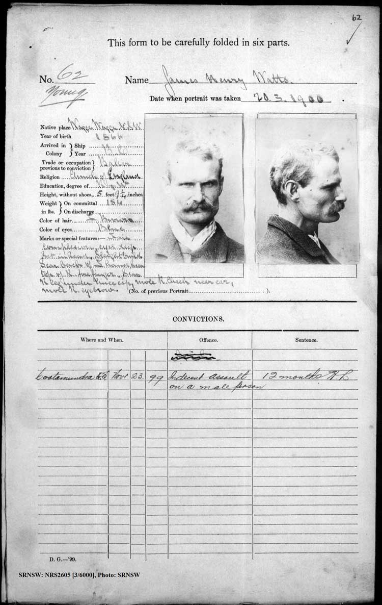 SRNSW: NRS2605, [3/6000], Young Gaol photographic description book, 1894-1920, No. 62, p. 62.