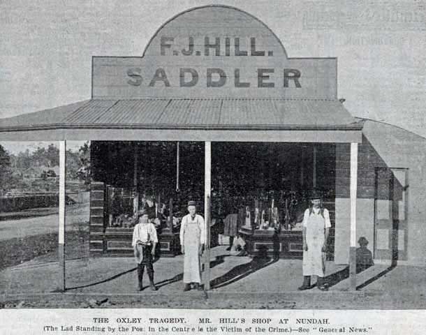 The boy, Alfred Stephen Hill, centre, in front of his father’s saddlery at Nundah. Image: <em>The Queenslander</em>, Sat 14 Jan 1899, p. 75. Reproduction: SLQ