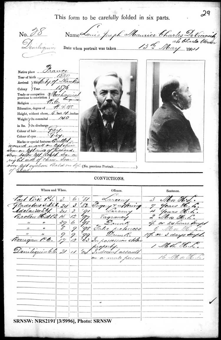 SRNSW: NRS2191, [3/5996], Deniliquin Gaol photographic description book, 1895-1929, No. 28, p. 29, R5118. Emphasis added.