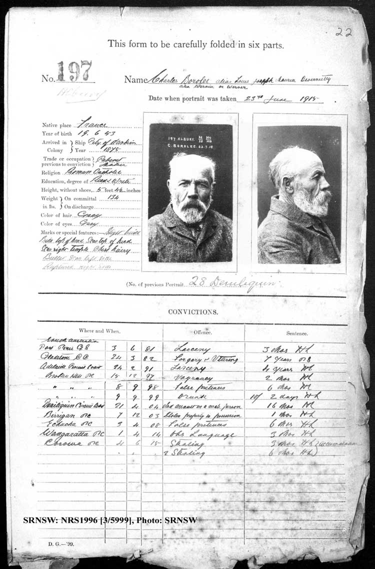 SRNSW: NRS1966, [3/5999], Albury Gaol photographic description book, 1910-1929, No. 197, p. 22, R5082. Emphasis added.