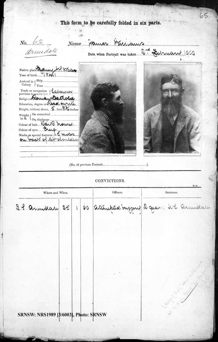 SRNSW: NRS1989, [3/6003], Armidale Gaol photographic description book, 1894-1915, No. 62, p. 65, R5083.