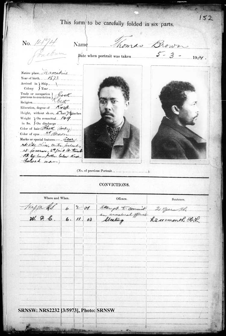 SRNSW: NRS2232, [3/5973], Goulburn Gaol photographic description book, 12 Oct 1899- 25 Mar 1902, No. 1474, p. 152, R5120.